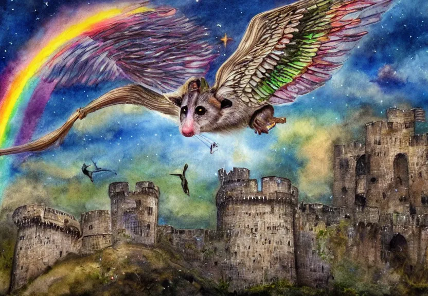 Image similar to legendary rainbow winged possum flying over a medieval castle at night under the dark starred sky, dark fantasy, watercolor, dreaming illusion, highly detailed, 4k, trending on Artstation