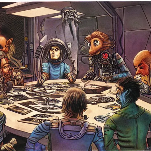 Image similar to scruffy punk starship crew sitting at table and playing dungeons & dragons, extraterrestrials, alien 1 9 7 9, ron cobb, jim henson creature shop, mike mignogna, highly detailed, comic book, science fiction, used future