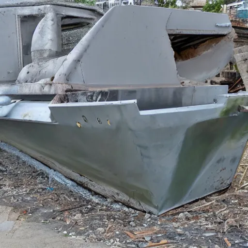 Prompt: dry dock concrete clamshell grill garbage can on an abandoned shiny angular motorboat hull,