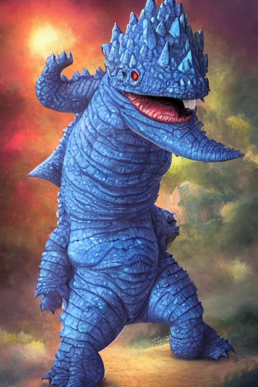 Image similar to a full body high detail fantasy portrait oil painting illustration of a tiny fat blue godzilla with a rainbow hat by justin sweet with face and body clearly visible, in a scenic background, pretty eyes, realistic proportions, d & d, rpg, forgotten realms, artstation trending, high quality, sombre mood, artstation trending, muted colours, entire person visible!