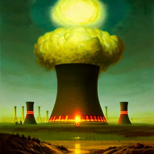 Image similar to A nuclear power plant in utopia by Simon Stålenhag and J.M.W. Turner, oil on canvas; Nuclear Fallout, Art Directio by Adam Adamowicz