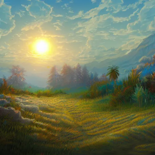 Prompt: always the sun, beautiful strange detailed summer landscape painting 8k resolution deviantart trending on Artstation concept art digital illustration