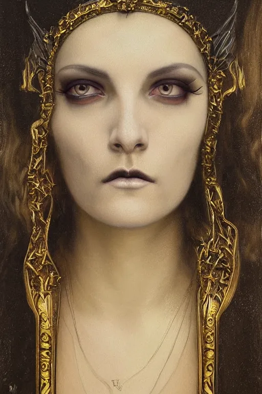 Prompt: hyper realistic painting portrait of goth queen, occult diagram, elaborate details, detailed face, intrincate ornaments, gold decoration, occult art, oil painting, art noveau, in the style of roberto ferri, gustav moreau, jean delville, bussiere, andrew gonzalez