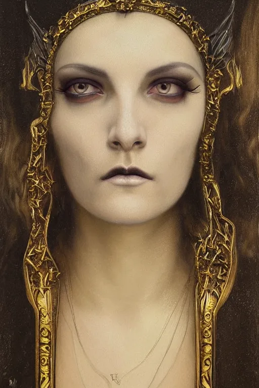 Image similar to hyper realistic painting portrait of goth queen, occult diagram, elaborate details, detailed face, intrincate ornaments, gold decoration, occult art, oil painting, art noveau, in the style of roberto ferri, gustav moreau, jean delville, bussiere, andrew gonzalez