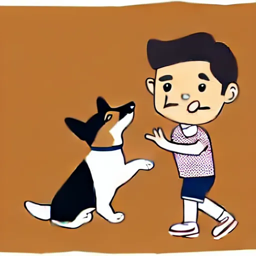 Image similar to illustration of french boy in paris playing football against a corgi, the corgi is wearing a polka dot scarf