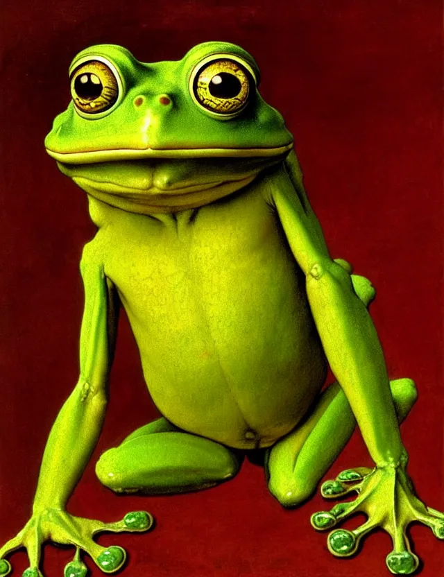 Prompt: an anthropomorphic bipedal frog that is wearing vibrant robes, a matte oil painting by leonardo da vinci, in the style of a d & d character, bubbles, extreme pose, magic, concept art, award - winning, extremely detailed, sharp focus, 4 k