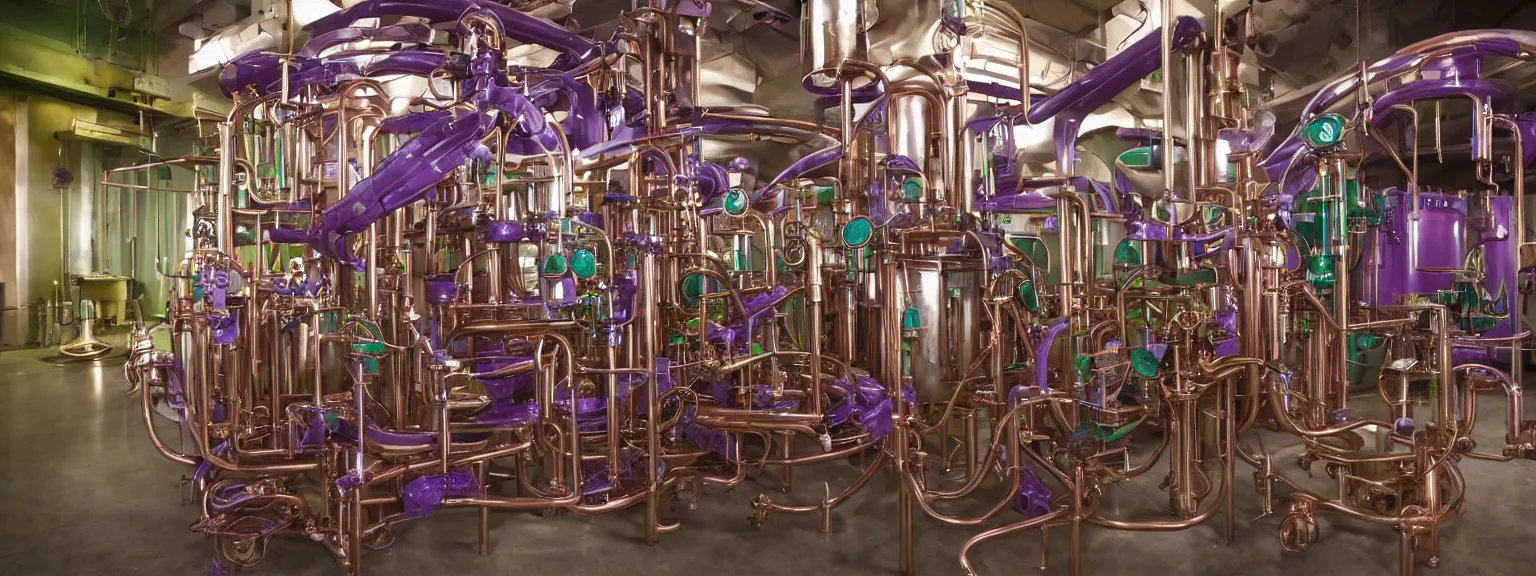 Prompt: machine apparatus for making snake oil, huge copper machine fed by a hopper of snakes, purple and green pipework, art by ed roth and kenny scharf, barrels of snake oil in a hermetically sealed production line, golden hour lighting, film still from the uncle aloysius family medicine depot movie 3 d, 8 k