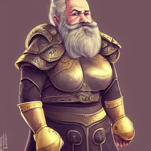 Prompt: elderly female feminine bearded dwarven heavyset fighter with curly long grey hairstyle, her full beard is long and plaited, she has wrinkled skin and is wearing full black platemail armor with gold trim by rossdraws