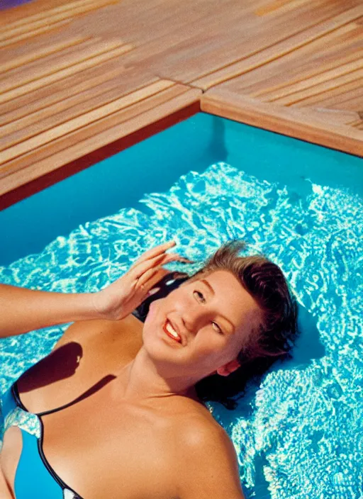 Image similar to A hyper realistic and detailed head portrait photography of swimsuit model laying down on a deck chair near a swimming pool. by Cameron Hammond. 1980s magazine style. Cinematic. Golden Hour. Kodak Portra 400. Lens flare. 85mm lens