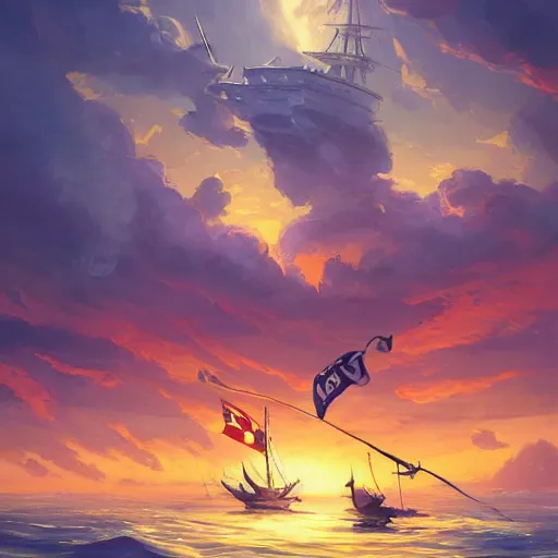 Image similar to two large pirates ship floating on top of a body of water at sunset, fighting each other, pirates flag , cgsociety, fantasy art, 2d game art, concept art , ambient occlusion, bokeh, behance hd , concept art by Jesper Ejsing, by RHADS, Makoto Shinkai Cyril Rolando