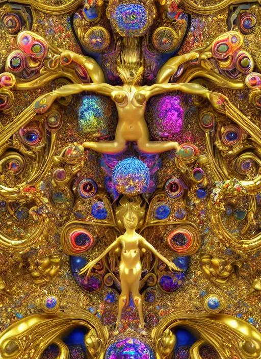 Image similar to a magnificent being with multiple eyes and organic limbs made of colorful crystals light and golden baroque ornaments by alex gray, 3D, 8k resolution