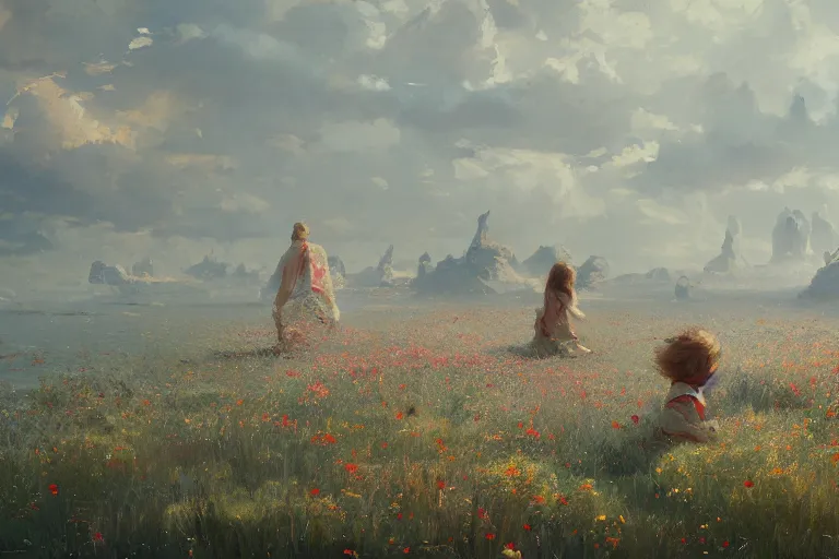 Image similar to a beautiful painting of the sea of flower, boy, girl, by greg rutkowski, trending on artstation