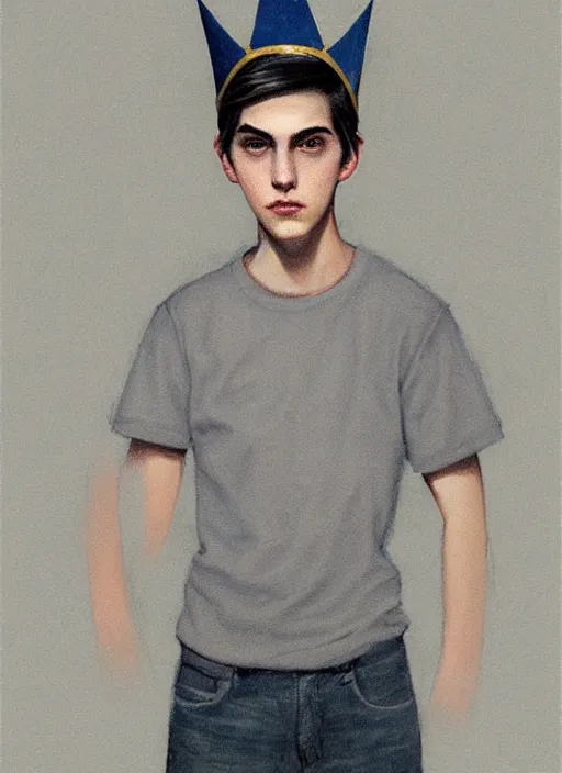 Image similar to portrait of teenage jughead jones wearing a light grey crown, crown, hamburger background, eyes closed, crown, black hair, intricate, elegant, glowing lights, warm lighting, highly detailed, digital painting, artstation, concept art, smooth, sharp focus, illustration, art by wlop, mars ravelo and greg rutkowski