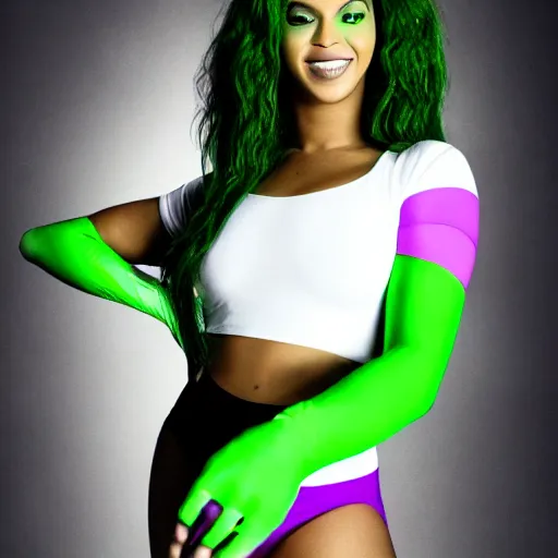 Prompt: Singer Beyoncé as the She-Hulk with green skin and dark green hair, wearing a white leotard with two purple vertical stripes, green skinned, wearing purple and white fingerless gloves, wearing purple and white sneakers, mini skirt, smiling, detailed legs, hyperreal, surreal, bokeh, tilt shift photography, green arms, green legs, green face,