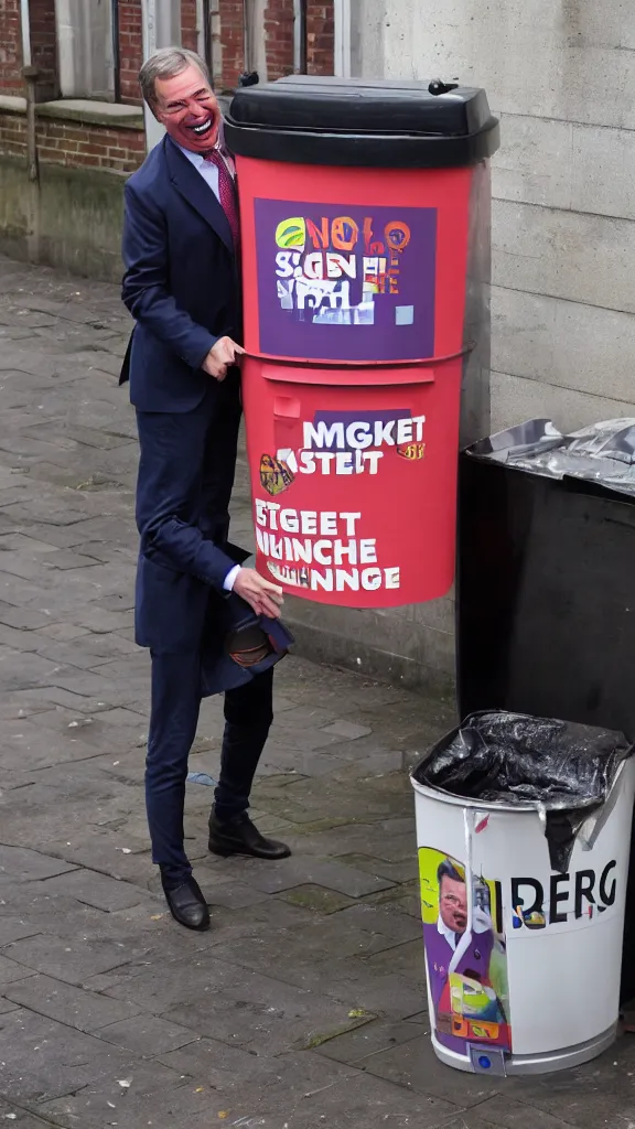 Prompt: nigel farage laughing maniacally whilst standing inside a bin on the street