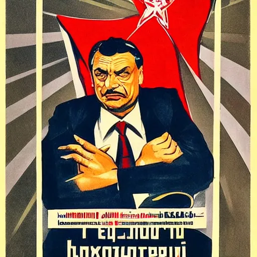 Prompt: viktor orban sitting in the lap of stalin, soviet propaganda poster art from 1 9 5 0