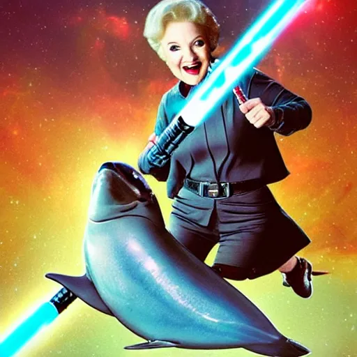 Image similar to betty white dual wielding lightsabers riding a dolphin through space