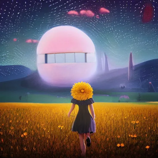 Image similar to giant daisy flower as a head, girl walking in wheat field, hills, surreal photography, moon light, dark night, star trails, dramatic light, impressionist painting, clouds, digital painting, artstation, simon stalenhag