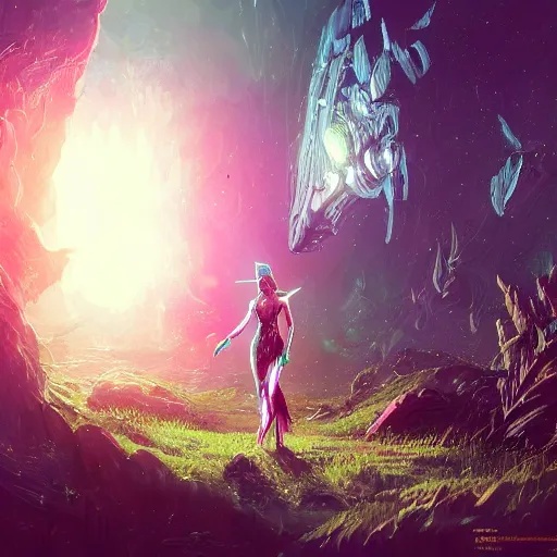 Image similar to ultra realistic illustration of android fairy, alien homeworld, swamps, advanced technology, warframe, special effects, colorful lights, space ship in the distance, intricate, highly detailed, digital painting, artstation, concept art, smooth, sharp focus, illustration, art by artgerm and tim mcburnie and anato finnstark