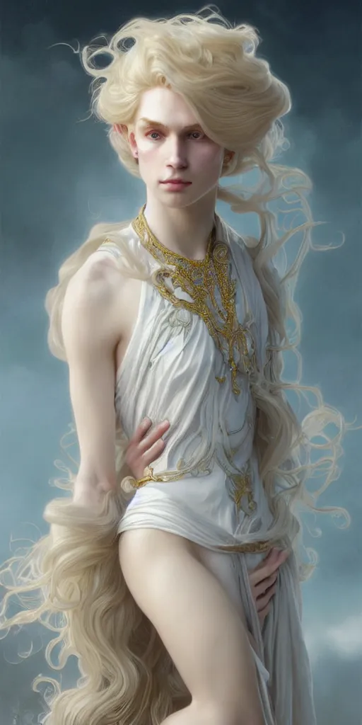 Image similar to a realistic liquid pale blond prince with a decorated dress made of white pearls , highly detailed, digital painting, very very very pale skin, long curly blond hair, Trending on artstation , HD quality, by artgerm and greg rutkowski and alphonse mucha, dramatic light, octane