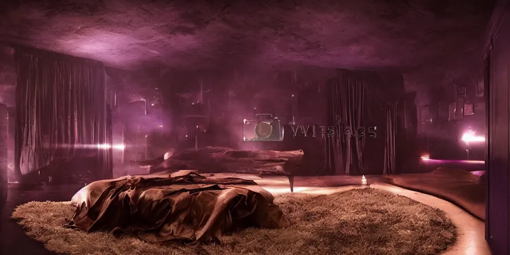 Image similar to night time, moody dark, dark purple leather dungeon bedroom in the style of blade runner 2 0 4 9