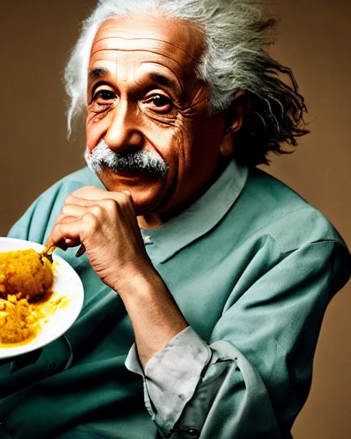 Image similar to A photo of Albert Einstein eating Idli Sambar, highly detailed, trending on artstation, bokeh, 90mm, f/1.4