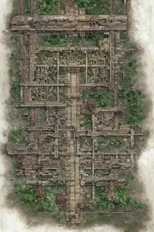 Image similar to full - color fantasy floor plan map of a ruined temple, by greg rutkowski and james gurney, trending on artstation