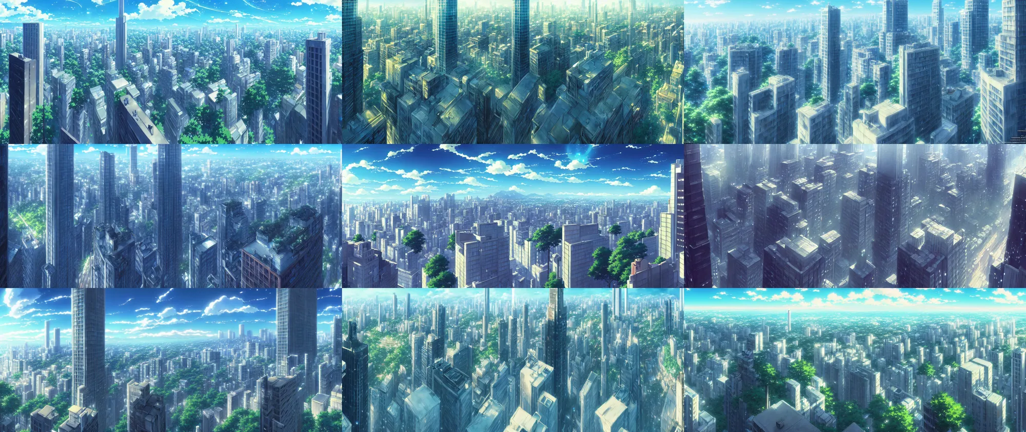 Prompt: a detailed matte painting from the makoto shinkai anime film kimi no ka wa, a city and highrise buildings, official art, cinematic view, HD wallpaper