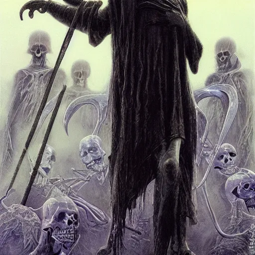 Image similar to the grim reaper playing in a heavy metal band, live on stage, photorealism, by Wayne Barlowe