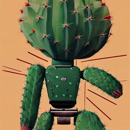 Image similar to a long shot of. a 1950s retro Cactus robot, with space above the head. Bionic cacti Arms and eyes. pop surrealism, muted colours. by Jean-Baptiste Monge, wide shot