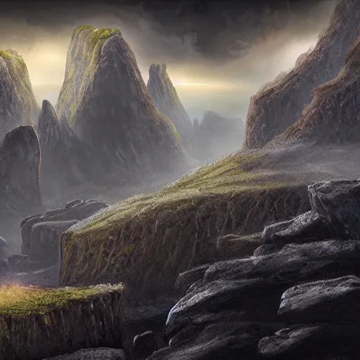 Image similar to basalt cliffs with sharp edges, dark atmosphere fantasy landscape, high detail, fantasy art, concept art, 4 k, ultra detail, computer art