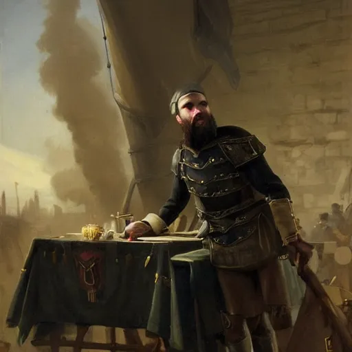 Prompt: Frustrated and acerbic male Imperial sergeant with a short beard wearing a {black and yellow tabard} over a steel breastplate and a black gambeson leaning over a table, by Raymond Swanland Greg Rutkowski Lise Deharm, {perfect face}, {perfect eyes}, {perfect body}, {hands planted on war table while standing}, fantasy