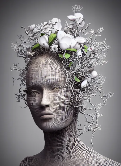 Image similar to dreamt in 2 3. 7 7 s for @ abdu's! dream complex intricate 3 d render hyper detailed ultra sharp of a cyborg beautiful porcelain smooth woman portrait with big leaves and stems in her hair, white magnolia, overgrown foliage, fungi pores mesh, white ornate armor, vincent callebaut, swirling smoke, white background, octane, 8 k,