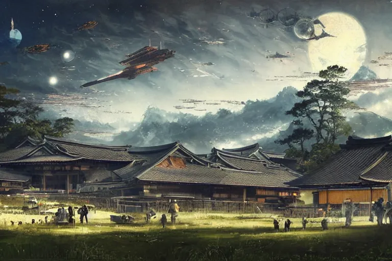 Prompt: japanese traditional farm in the future with spaceships in the sky, by greg rutkowski