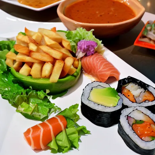 Image similar to sushi poutine, quebec speciality dish, french fries and gravy, salmon and avocado, restaurant menu photo, 4 k, super realistic food picture