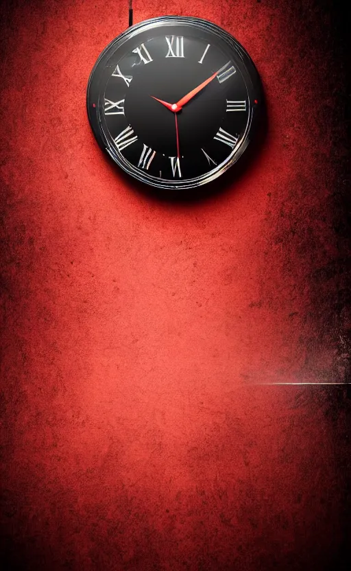 Image similar to a melting Roman numeral clock, behind a red and black gradient background, awith a black heart shaped on the top left corner and a black diamond card shape in the bottom right corner, dynamic lighting, photorealistic fantasy concept art, trending on art station, stunning visuals, cinematic, creative, ultra detailed