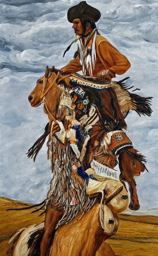 Image similar to full body shot picture of indigenous people leader riding a horse, painted by lucian freud, hd, super detailed, realistic, muted colors