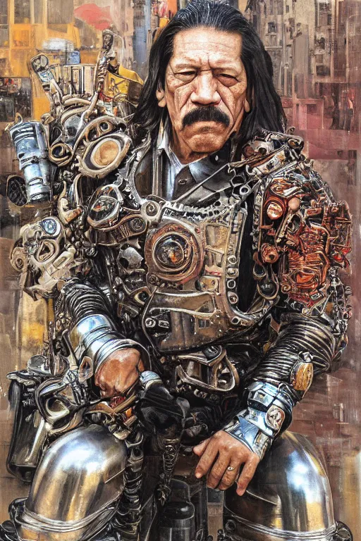 Prompt: dreamy portrait of danny trejo in metallic and stained heavy tactical gears, by jan van eyck, kim jung gi, james jean, in the street of mongkok, hong kong, craig mullins