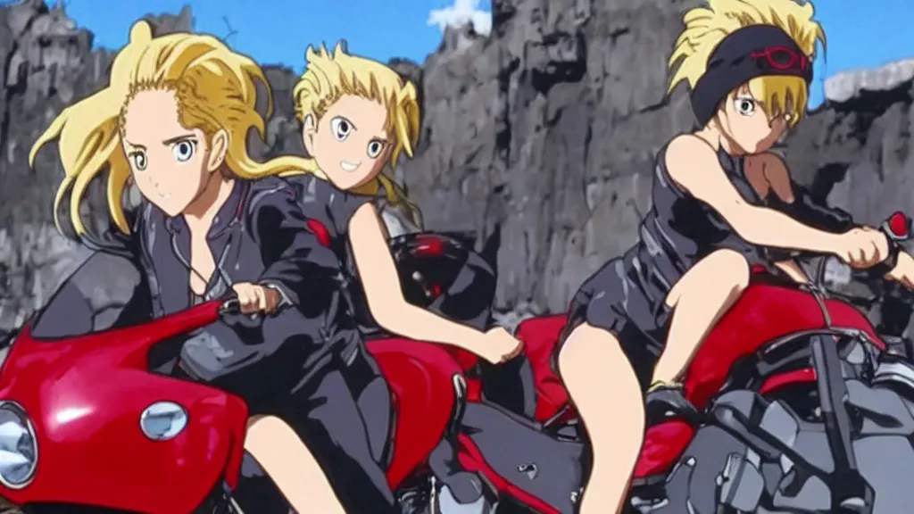 Image similar to shakira in a motorcycle in a scene of the anime movie Akira.
