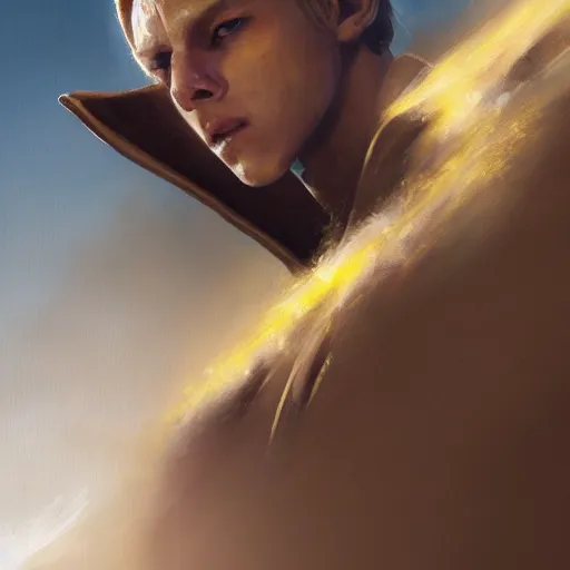 Prompt: yellow eyed blonde boy wearing a brown cape and flying in t pose, closeup, powerful, space background, oil painting, brush strokes, greg rutkowski