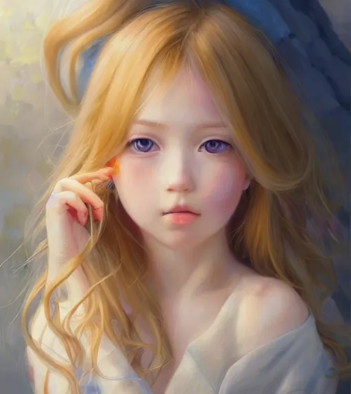 Prompt: portrait of a young cute beautiful girl with blond hair and big brown eyes artwork by WLOP, Hikari Shimoda, Studio Ghibli, Chie Yoshii, artstation