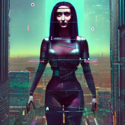 Image similar to a futuristic still of cyberpunk monalisa in a cyberpunk city, 8k, trending on artstation, highly detailed, cyberpunk monalisa cyberpunk monalisa, 8k details