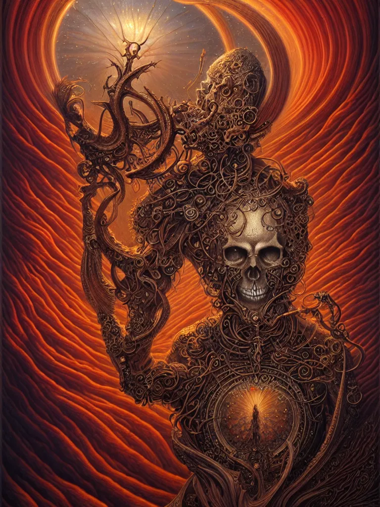 Image similar to A beautiful detailed orixa, tarot card, by tomasz alen kopera and Justin Gerard, symmetrical features, ominous, magical realism, texture, intricate, ornate, royally decorated, skull, skeleton, whirling smoke, embers, red adornements, red torn fabric, radiant colors, fantasy, trending on artstation, volumetric lighting, micro details, 3d sculpture, ray tracing, 8k, anaglyph effect