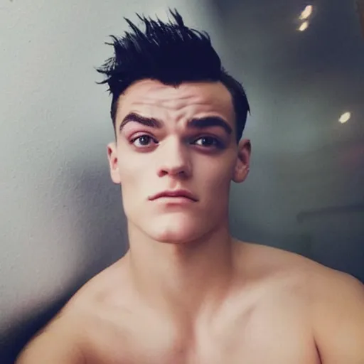 Image similar to “a realistic detailed photo of a guy who is an attractive humanoid who is half robot and half humanoid, who is a male android, Grayson Dolan, shiny skin, posing like a statue, blank stare”