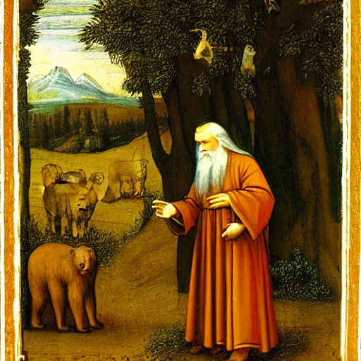 Image similar to St. Seraphim of Sarov talking to a bear in the woods by Leonardo Da Vinci