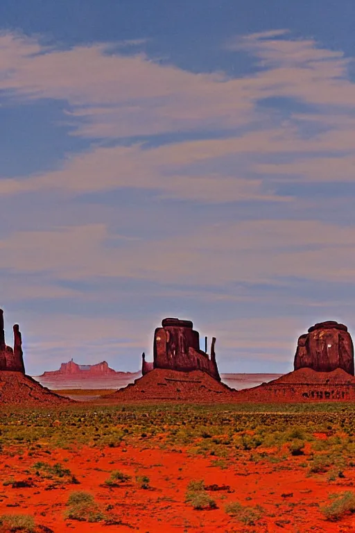Image similar to bob ross painting of monument valley he valley is in both arizona and utah and is a famous and iconic landscape. featured in movies and advertisements, monument valley is a stark, red desert landscape that is interrupted only by huge, towering monolithic red rocks or monuments that jut upright throughout the valley. some of these monuments stand over 1, 0 0 0 feet tall