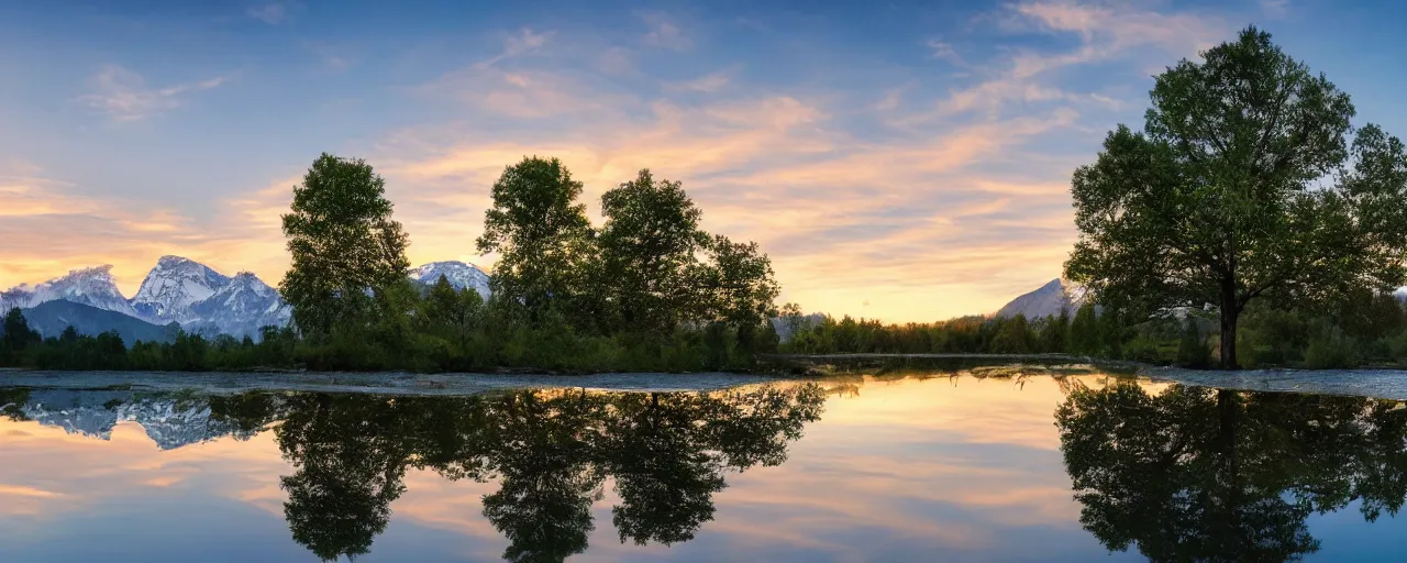 Image similar to big realistic tree near to a river on sunset with reflection on the leaves and mountains in the background, landscape, extremely high fidelity, 8 k, super resolution