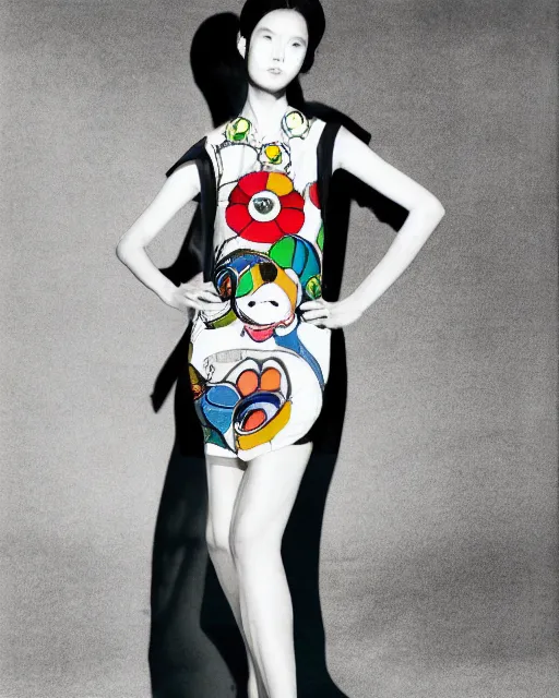 Prompt: A model wearing a dress by Takashi Murakami, fashion photography