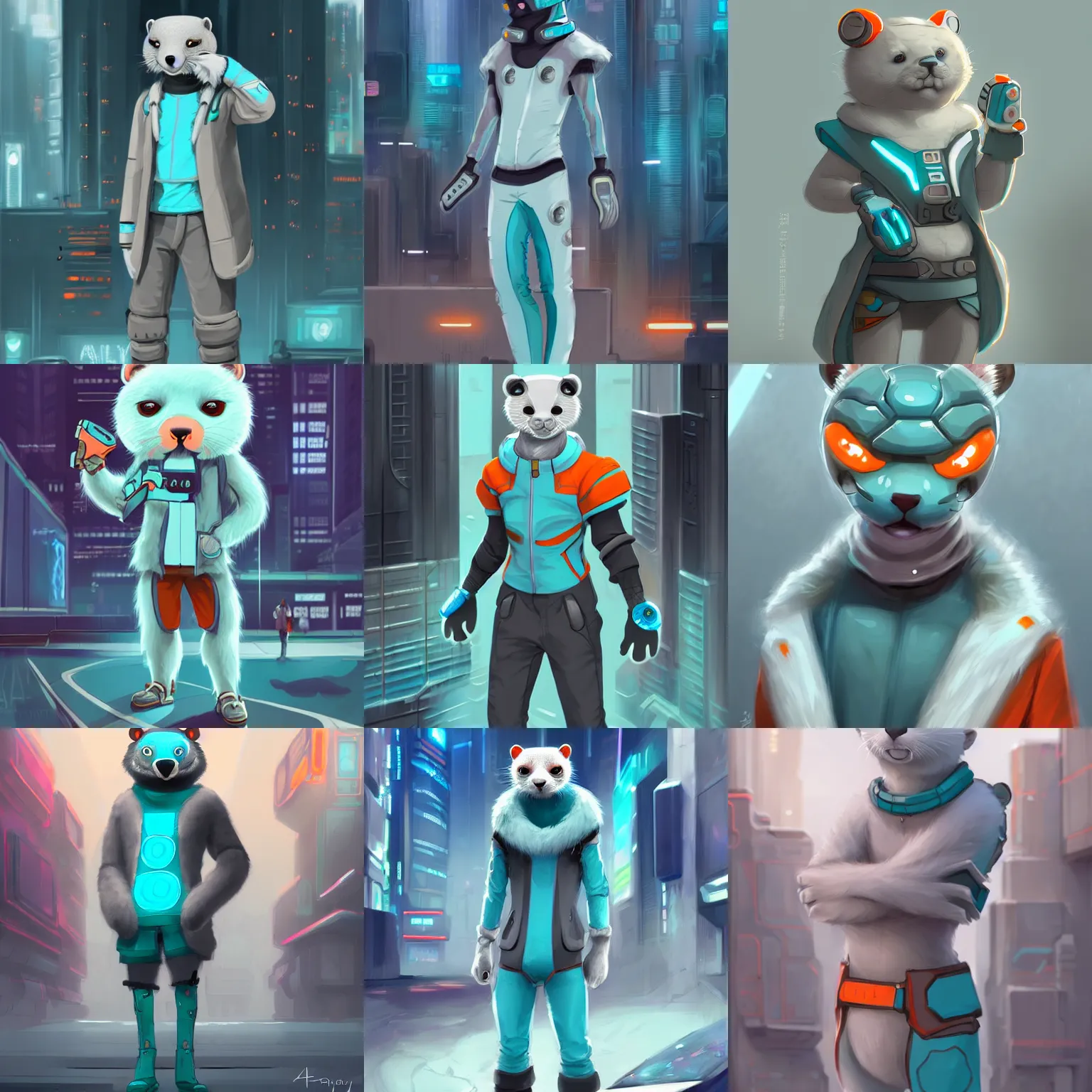 Prompt: a cute male gray turquoise white orange otter fursona wearing futuristic clothes in the streets of cyberpunk city, fantasy, 8 k resolution, hyper detailed, d & d, character design, digital painting, trending on artstation, sharp focus, illustration, art by artgerm, steve zheng, fuji choko, viktoria gavrilenko, hoang lap