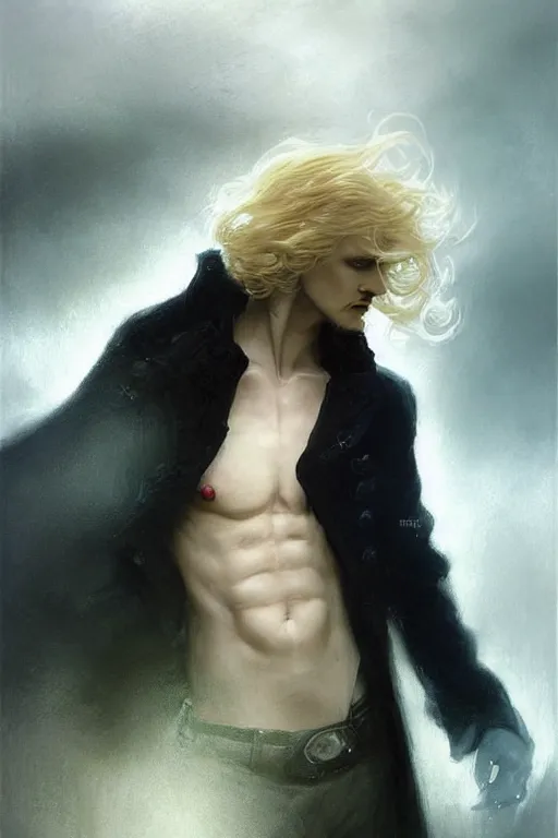 Prompt: johan liebert mixed with alucard picture by Greg Rutkowski, long fluffy blond curly hair, baroque curls, dynamic pose, matte painting, intricate, z brush, fantasy concept art, elegant, with a pot belly, by Stanley Artgerm Lau, WLOP, golden ratio, thomas kindkade, alphonse mucha, loish, Peter chung, norman Rockwell,